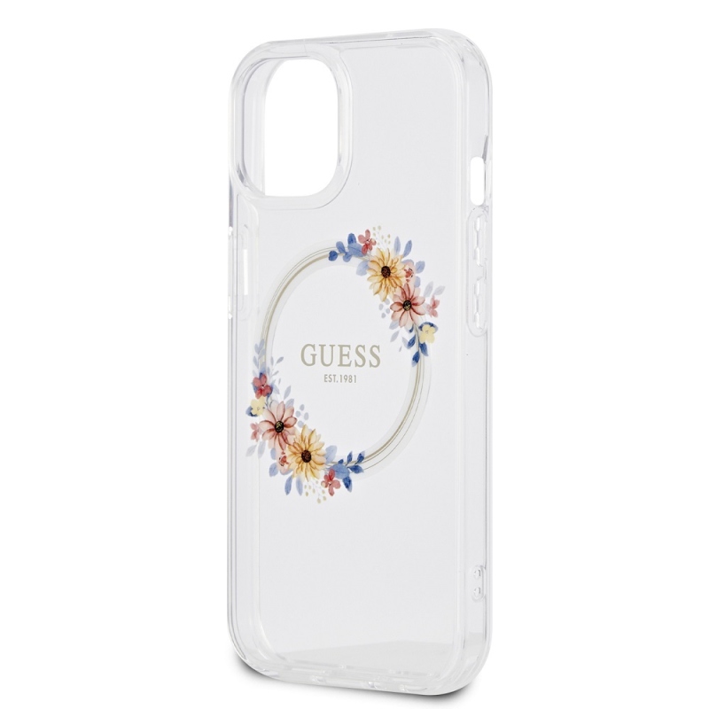 Guess PC/TPU Virágok gyűrű fényes logó MagSafe hátlap iPhone 15 Plus átlátszóhoz