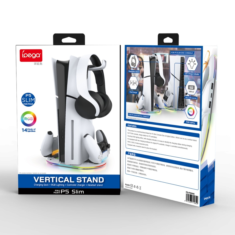 iPega P5S045 Függőleges töltőállvány RGB-vel PS5/PS5 Slim fehér színhez