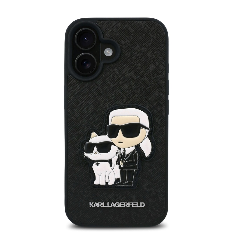 Karl Lagerfeld PU Saffiano Karl és Choupette hátlapi borító iPhone 16-hoz Fekete