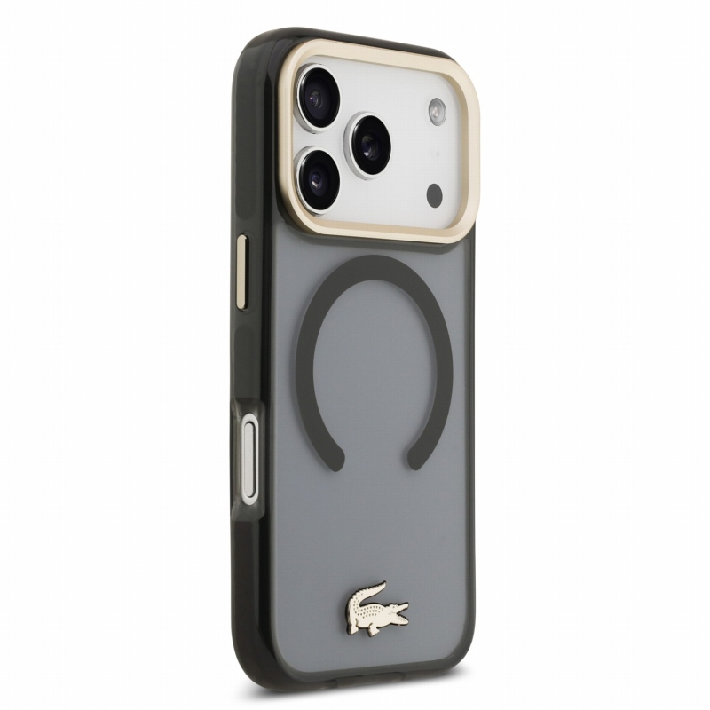 Lacoste IML ütésálló Petit Pique arany logós MagSafe hátsó tok iPhone 18 Pro-hoz, fekete