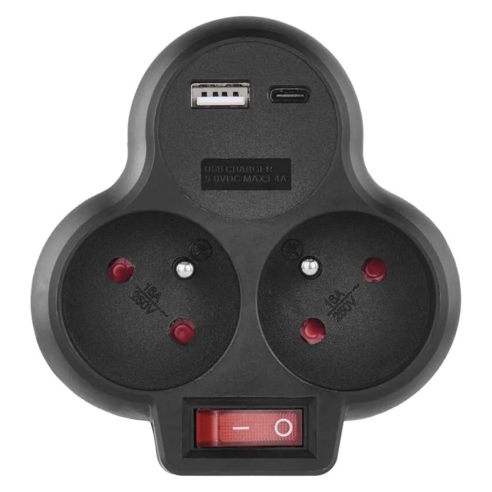 2x elosztó, kikapcsolt, 1xUSB-A+1xUSB-C - fekete