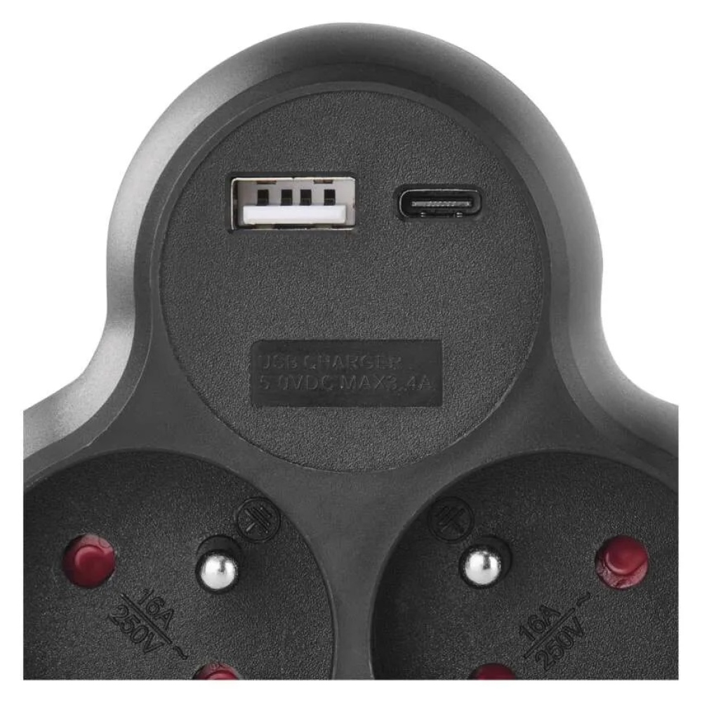2x elosztó, kikapcsolt, 1xUSB-A+1xUSB-C - fekete