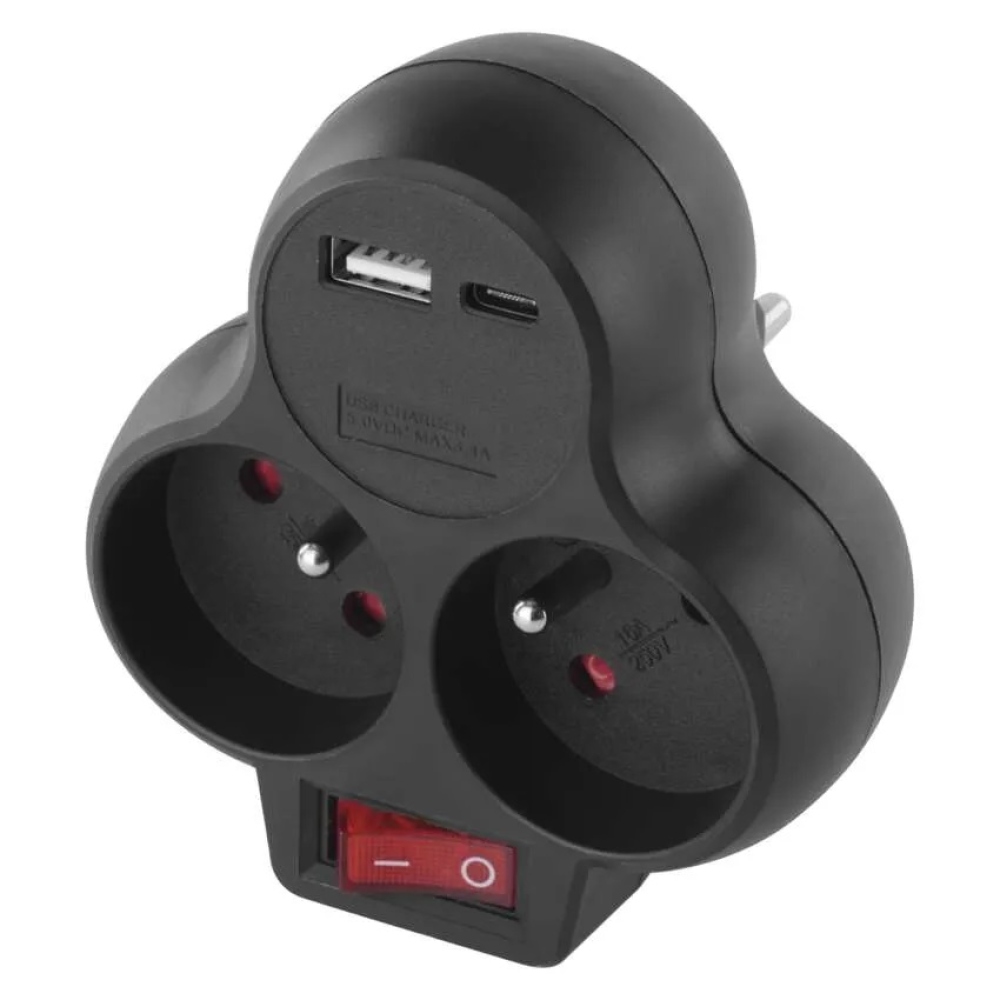 2x elosztó, kikapcsolt, 1xUSB-A+1xUSB-C - fekete