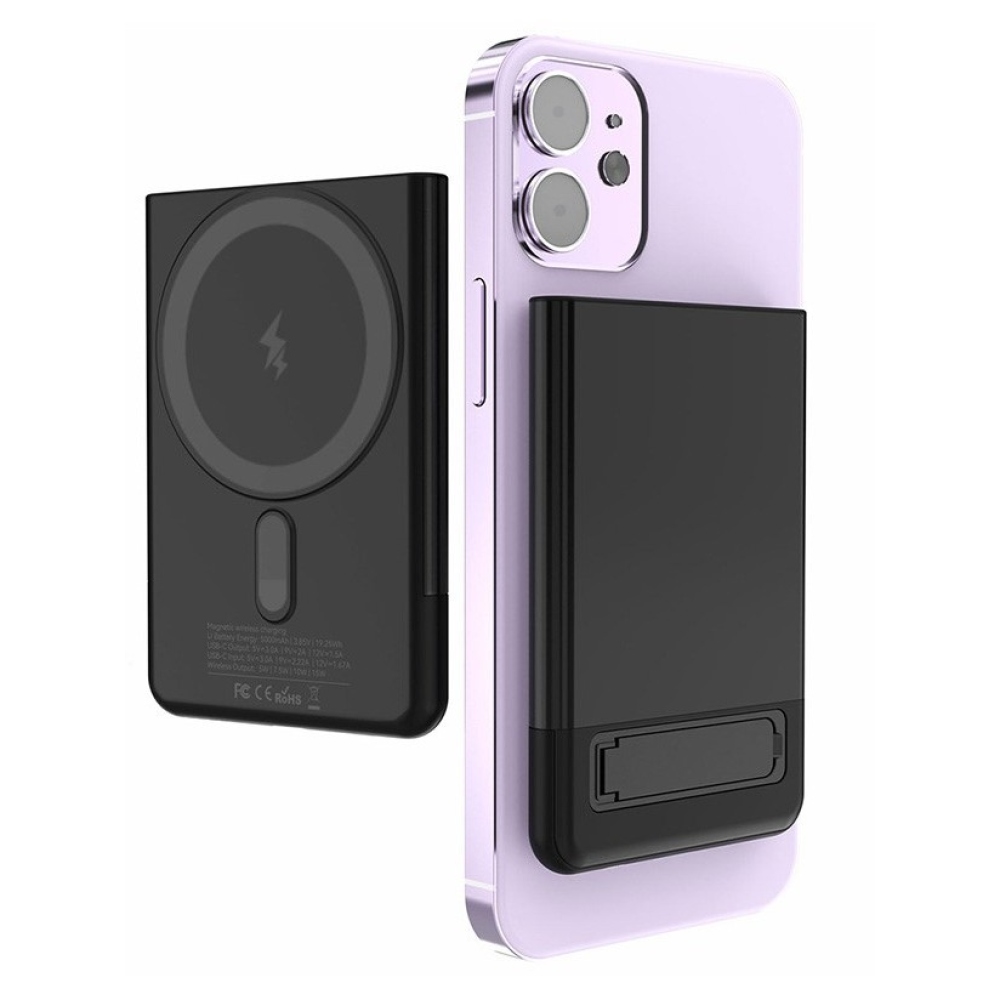 M10 Ultravékony mágneses külső akkumulátor 5000 mAh 15W állvánnyal - fekete