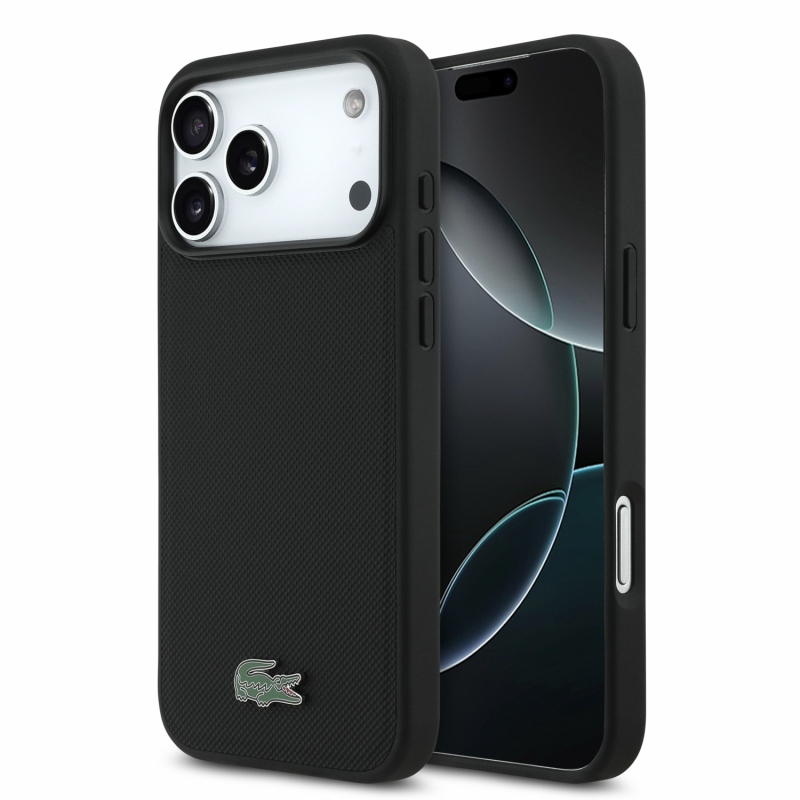 Lacoste PVC Iconic Petit Pique fém logós MagSafe hátsó tok iPhone 18 Pro Max-hoz, fekete