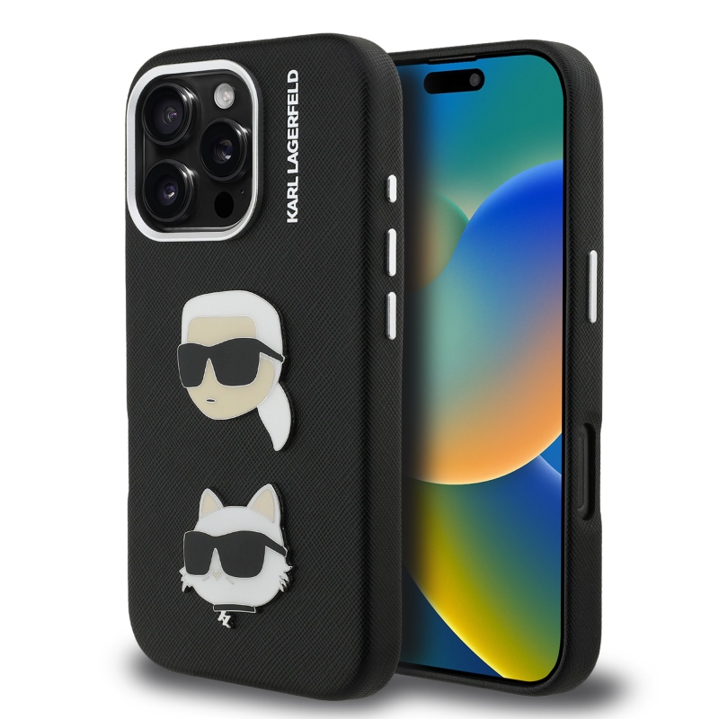 Karl Lagerfeld szemcsés PU K&CH Heads hátlap iPhone 16 Pro Max-hoz Fekete