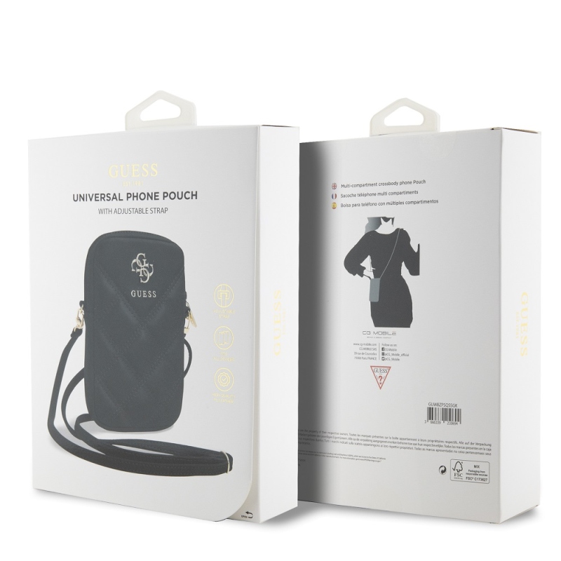 Guess PU steppelt 4G fém logós telefon táska cipzárral Fekete