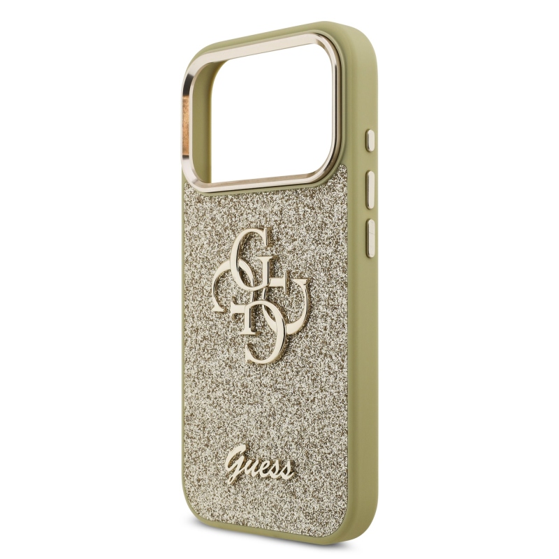 Guess PU Fixed Glitter 4G fémkeret hátsó borító iPhone 17 Pro aranyhoz