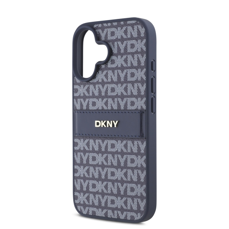 DKNY PU bőr ismétlődő mintás tonális csíkos hátlapi borító iPhone 16 kékhez