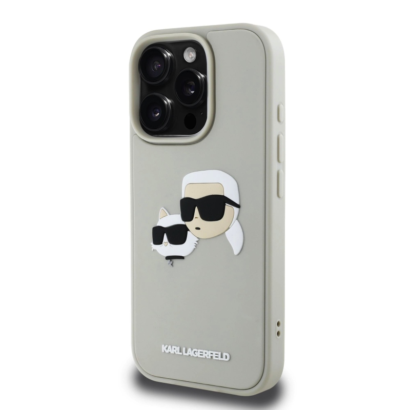 Karl Lagerfeld 3D gumiból készült duplafejű hátlap iPhone 16 Pro Max bézs színűre