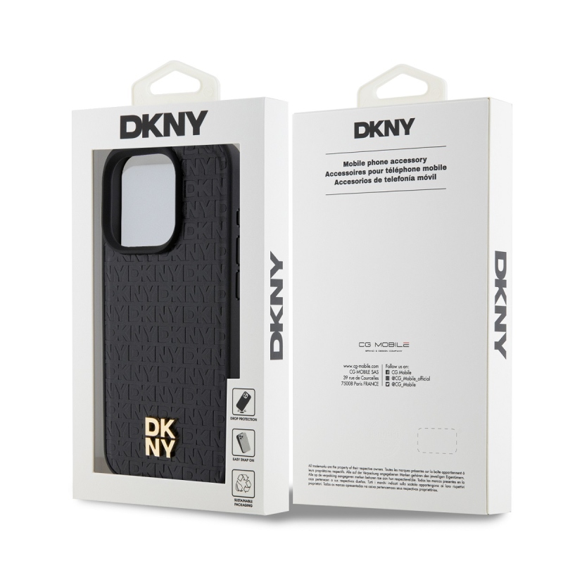 DKNY PU bőr Ismétlődő mintás Stack Logo Magsafe hátlap iPhone 15 Pro Fekete