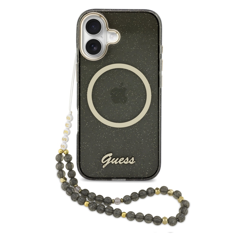 Guess IML Glitter Script Strap MagSafe hátlapi borító iPhone 17 Fekete