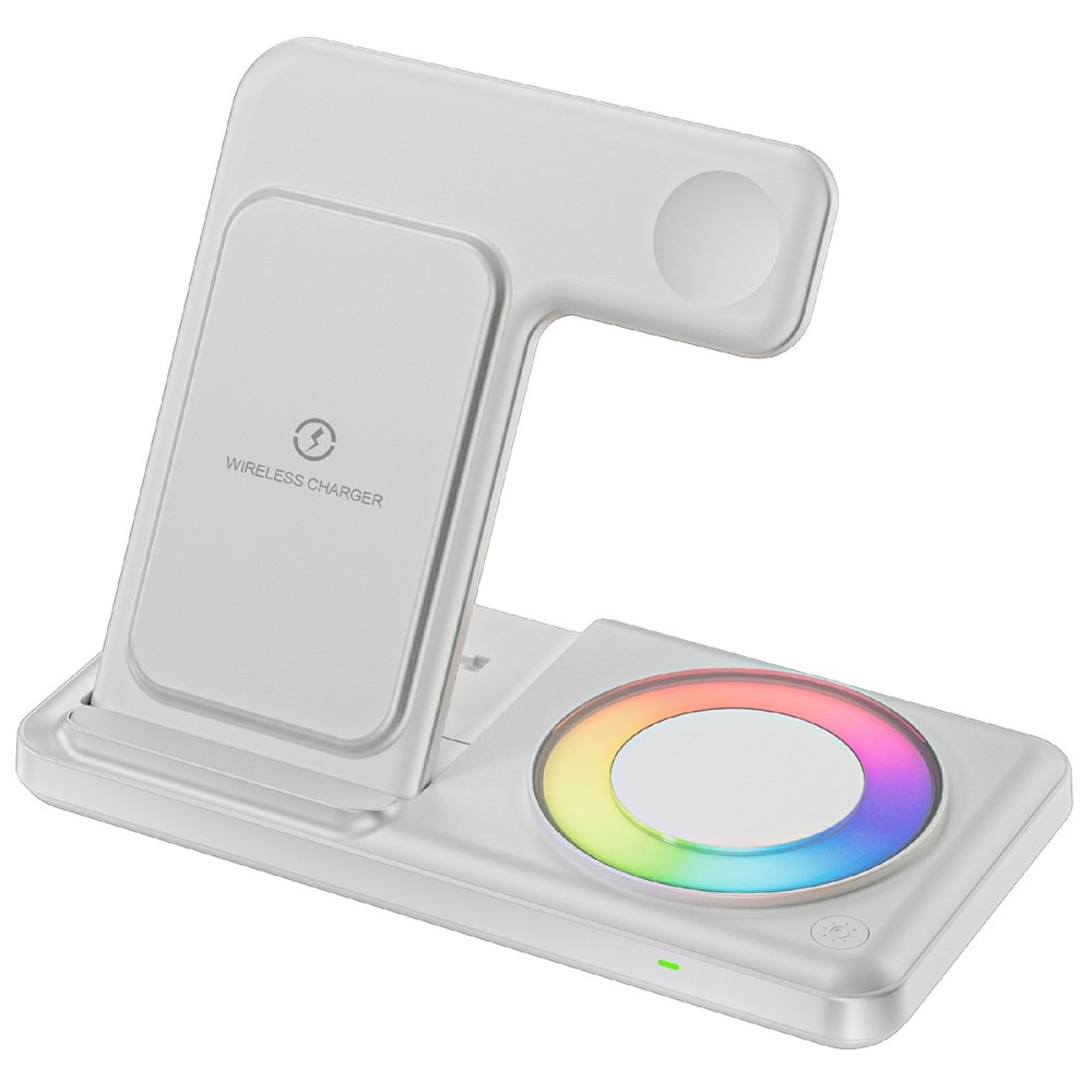Q50D Összecsukható Vezeték Nélküli Töltőállomás 4 az 1-ben 15W RGB Háttérvilágítással - Fehér