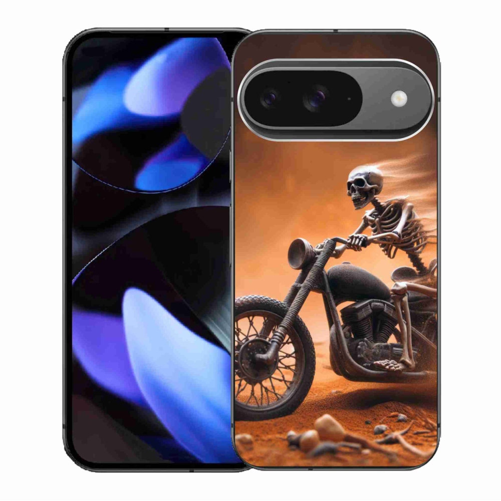 Zselés borítás mmCase a Google Pixel 9/9 Pro számára - csontváz egy motorkerékpáron