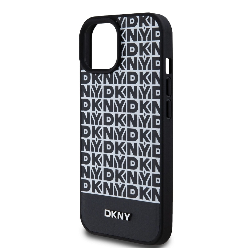 DKNY PU bőr ismétlődő mintás alsó csíkos MagSafe hátlap iPhone 15 Fekete