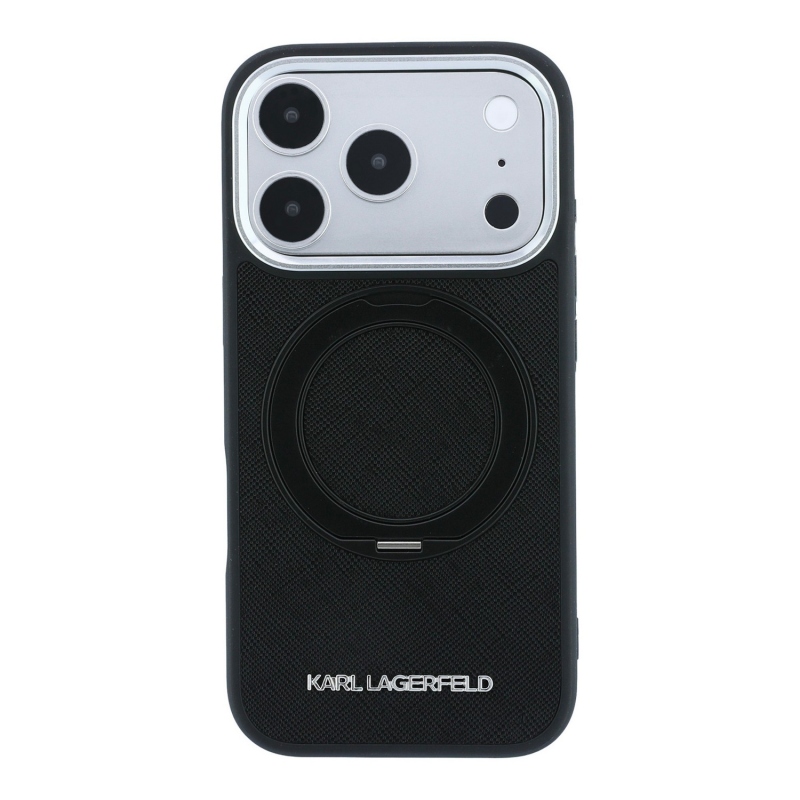 Karl Lagerfeld PU Saffiano gyűrűs állványos MagSafe hátsó tok iPhone 18 Pro Max-hoz, fekete