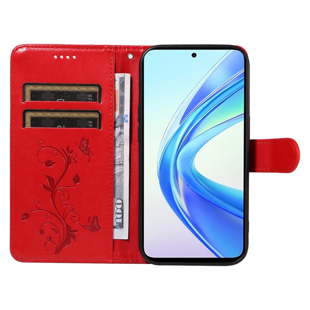 Virágok könyvtáska a Honor X7b/Honor 90 Smart-hoz - piros