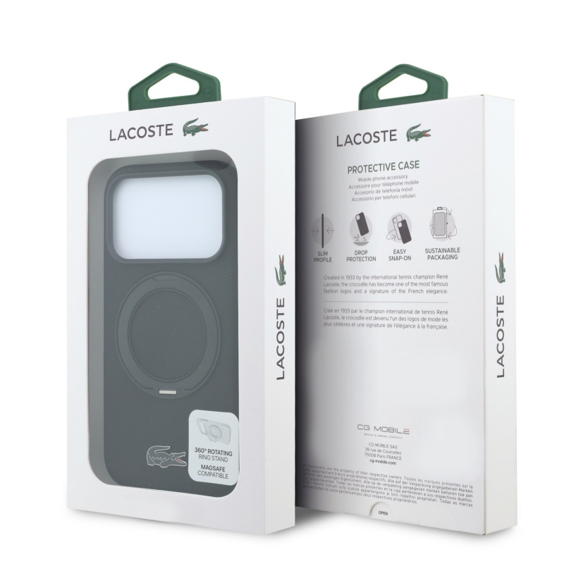 Lacoste PVC Petit Pique Semi Wrap Ring Stand MagSafe hátsó tok iPhone 18 Pro-hoz, fekete