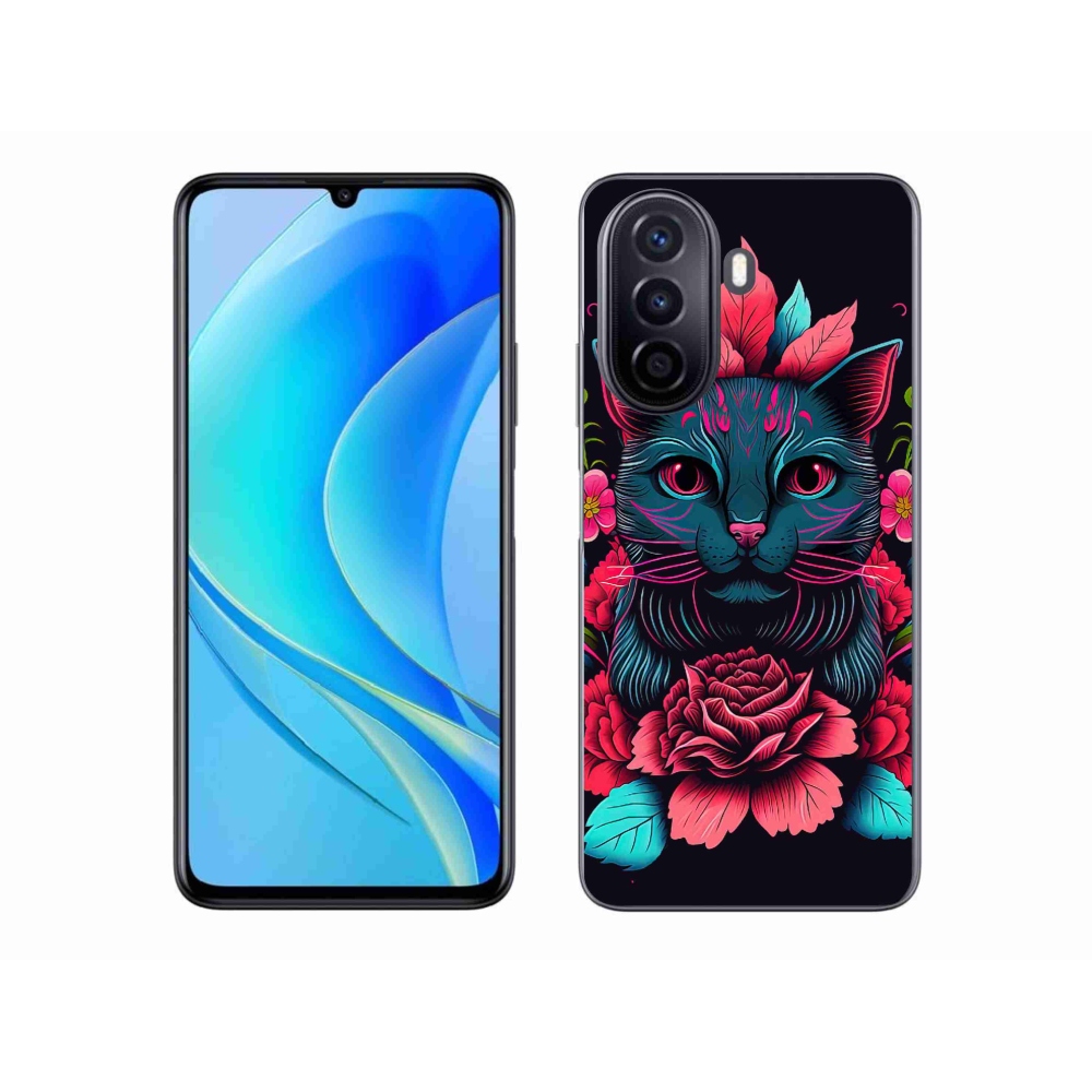 Gél borító mmCase a Huawei Nova Y70-hez - virágok és macska