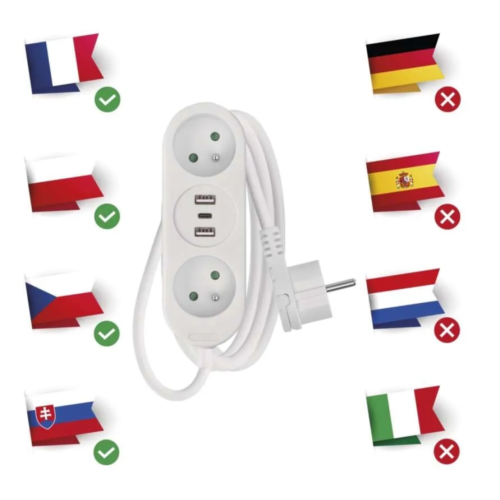 Hosszabbító kábel 1,4 m / 2 aljzat+2×USB-A+1×USB-C / fehér / PVC / 1,5 mm2