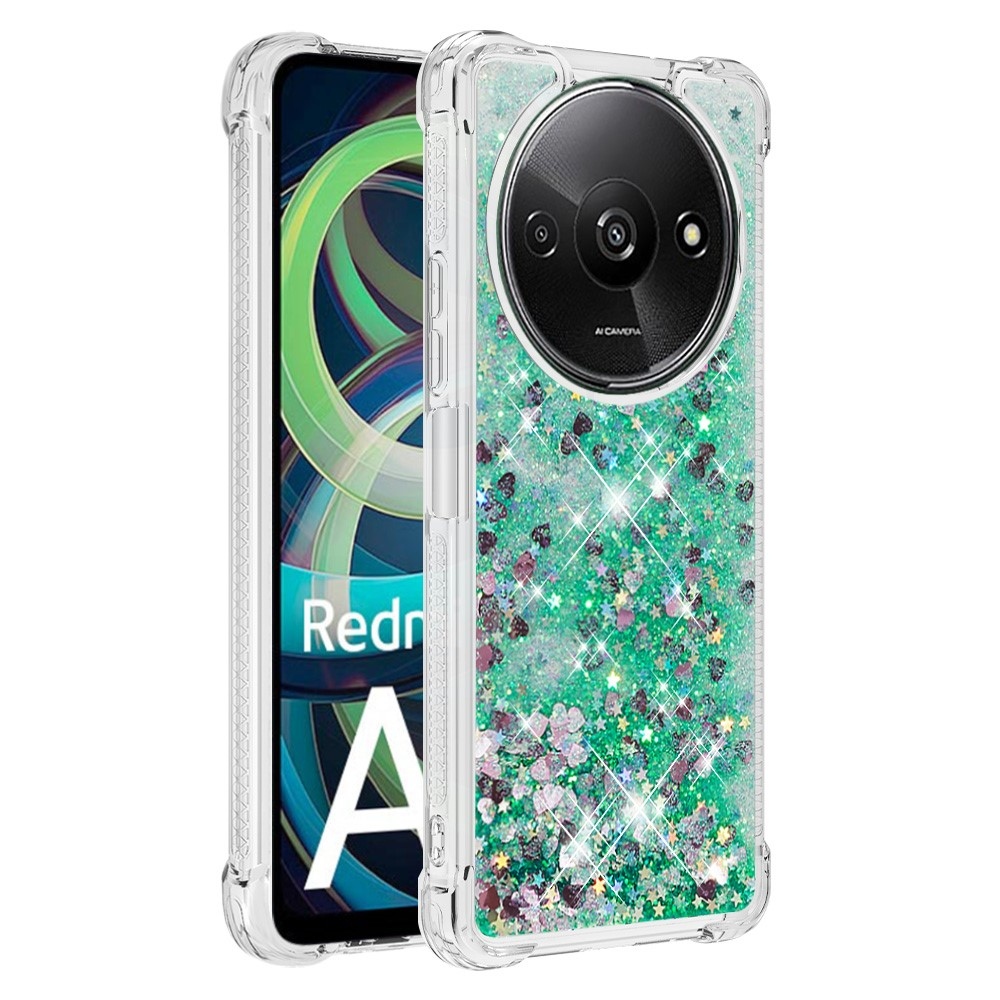 Glitter zselés homokóra tok Xiaomi Redmi A3-hoz - zöld/szívek