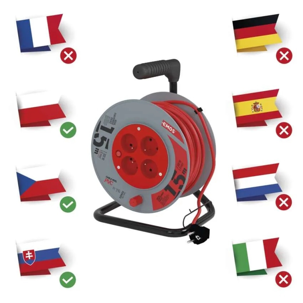 Hosszabbító kábel dobon 15 m / 4 aljzat / piros / PVC / 230 V / 1 mm2