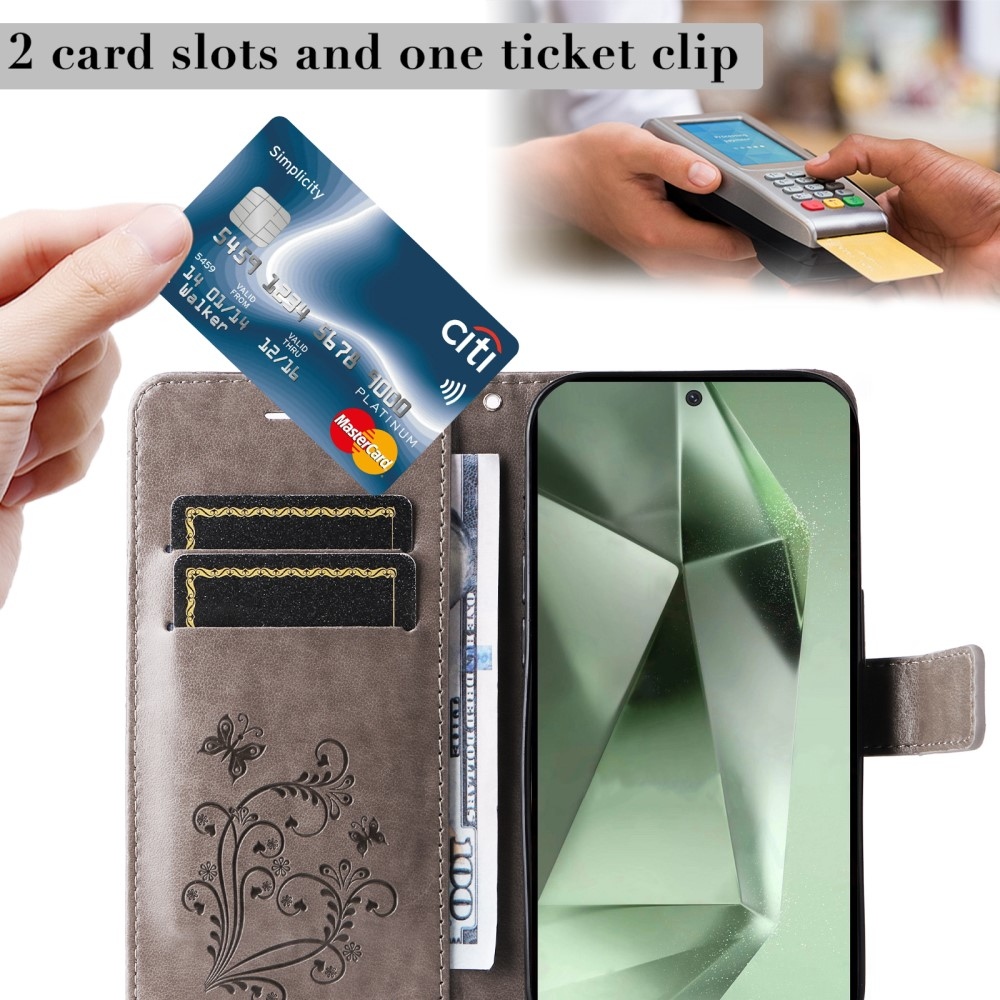 Nagy pillangó könyv tok Samsung Galaxy S24 FE készülékhez - szürke