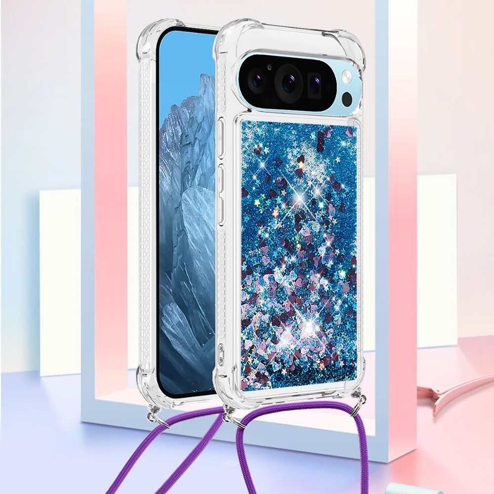 Csillogó homokóra zselés tok zsinórral a Google Pixel 10 Pro/Pixel 10 számára - kék/szív