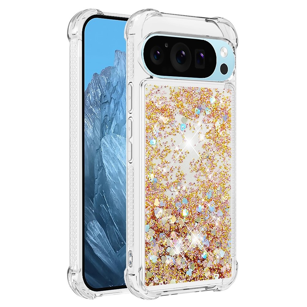 Csillogó homokóra zselés tok Google Pixel 10 Pro XL készülékhez - arany/szív