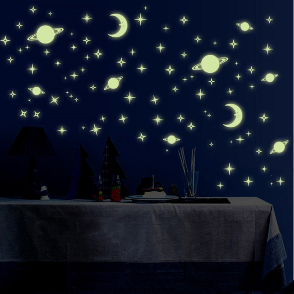 Fluoreszkáló falmatricák készlete - csillagok és Hold