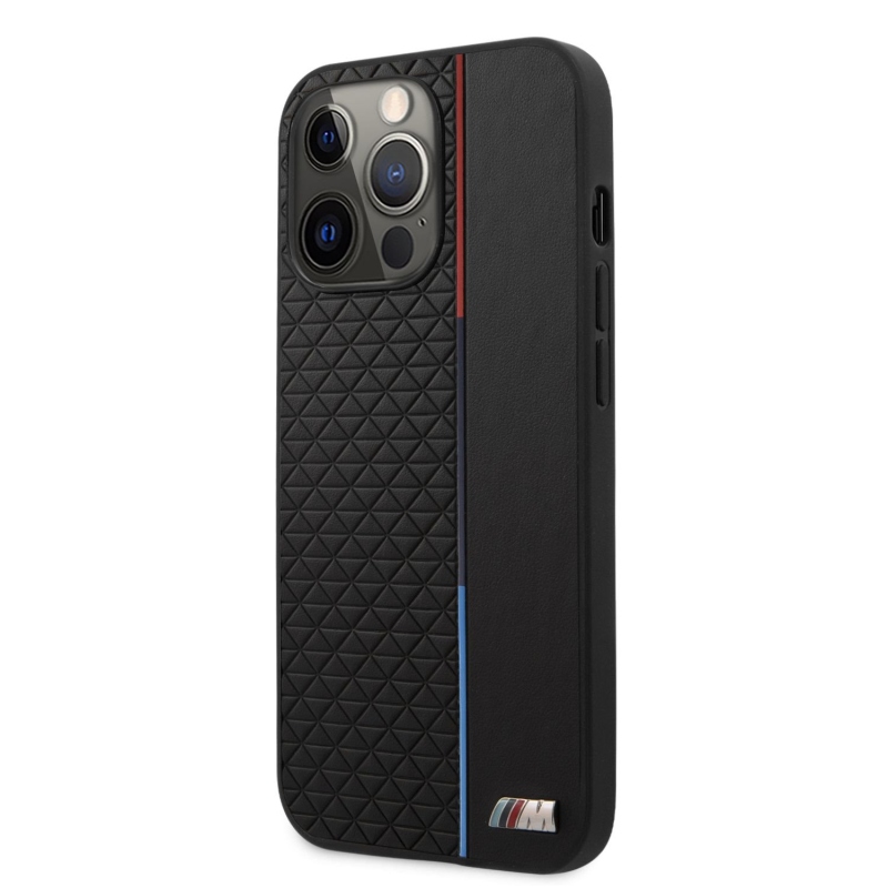 BMW PU háromszögek trikolor vonalas hátsó borító iPhone 13 Pro Max-hoz Fekete