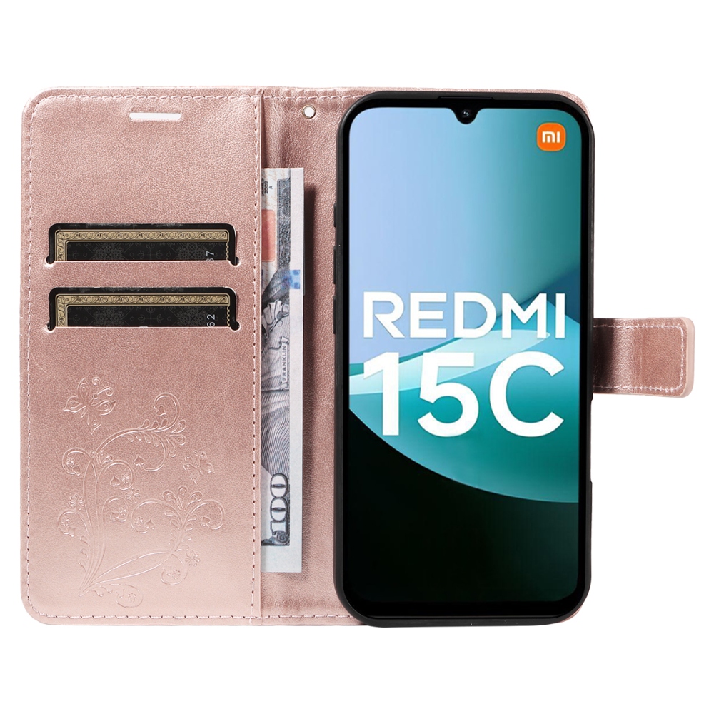 Nagy pillangó könyv tok Xiaomi Redmi 15C 4G/5G (173mm) - rózsaarany