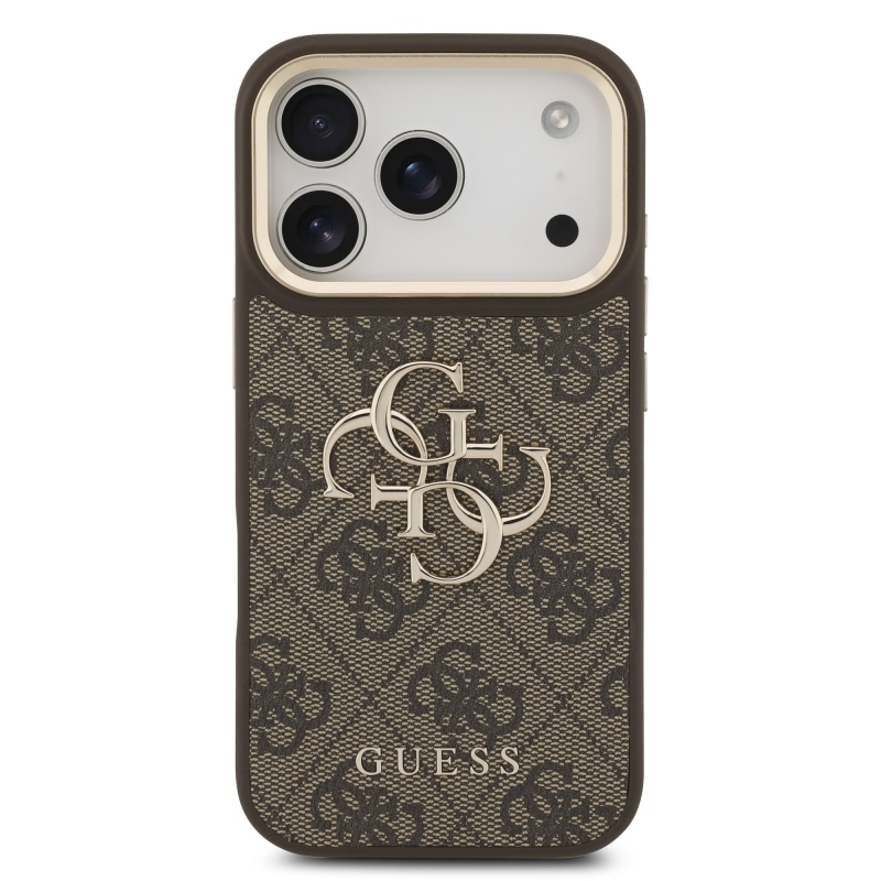 Guess PU bőr 4G fém logóval és arany kerettel ellátott hátsó tok iPhone 18 Pro-hoz, barna