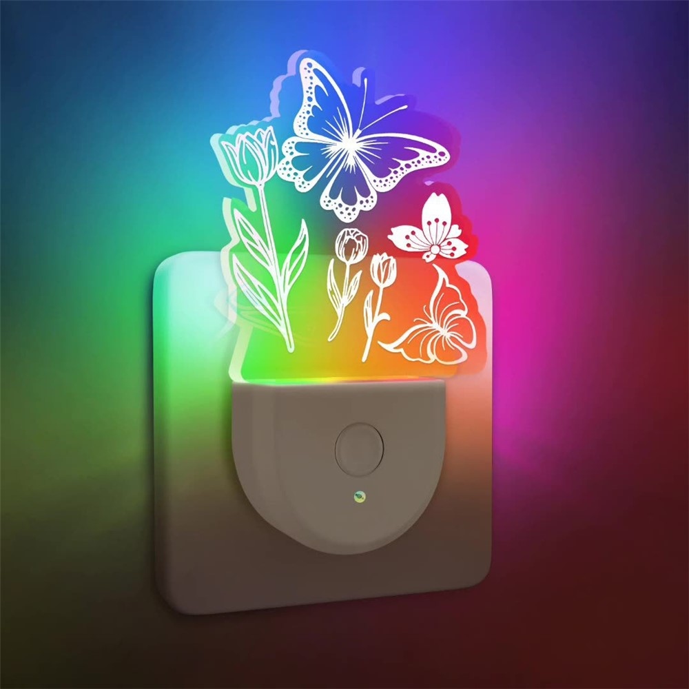 Gyerek LED éjszakai fény konnektorba szenzorral - virág és pillangó