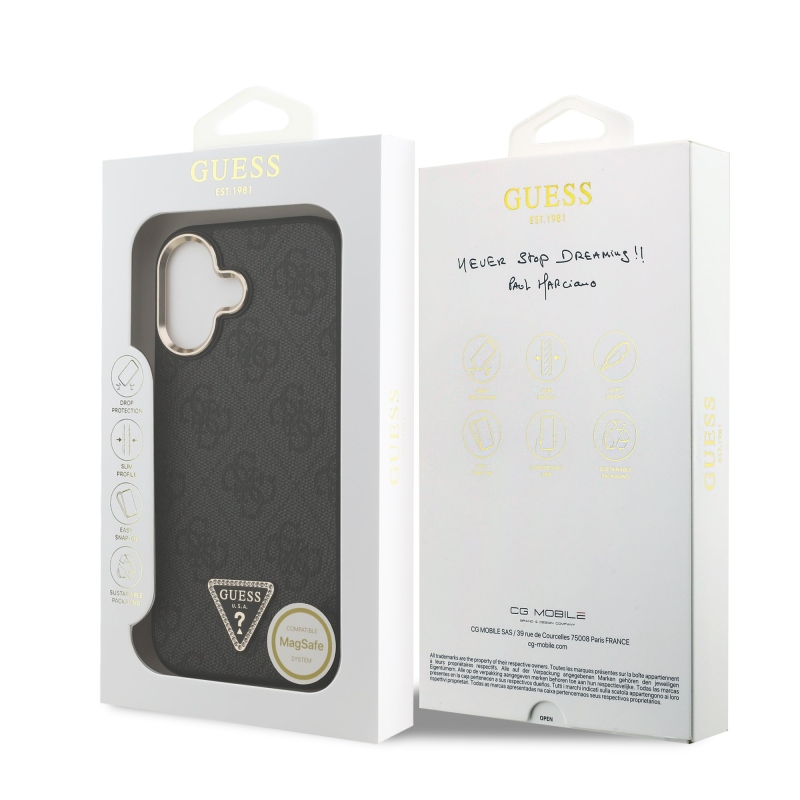 Guess PU bőr 4G háromszög logó arany keret MagSafe hátlap iPhone 17 Fekete fekete