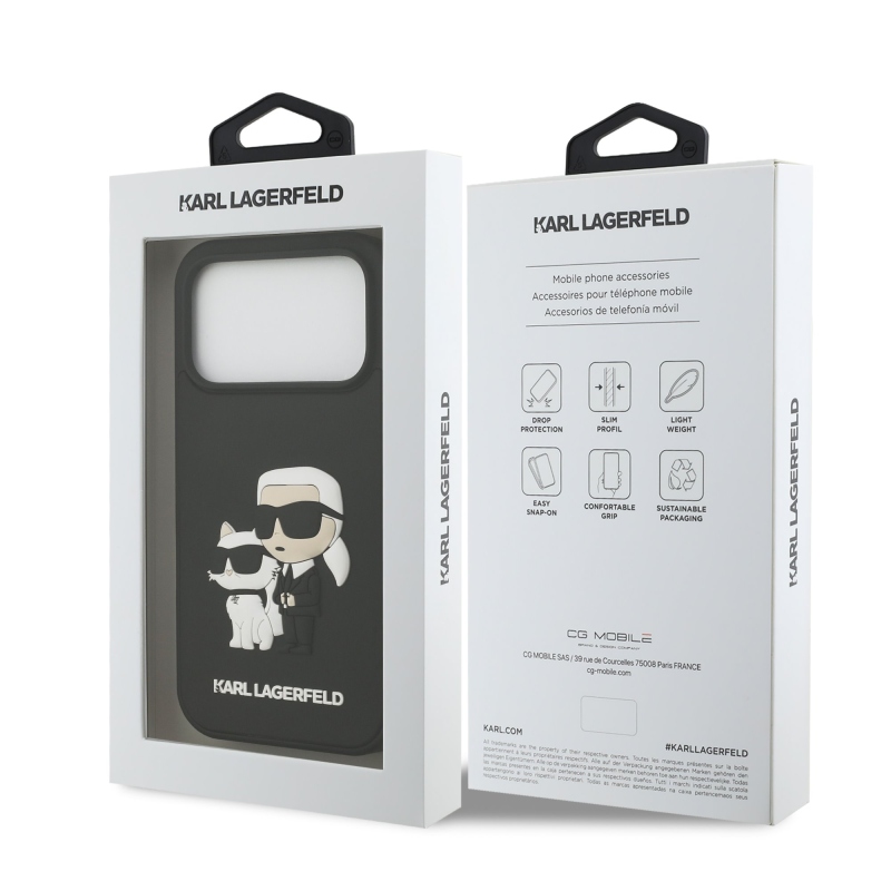 Karl Lagerfeld 3D gumiból készült Karl és Choupette hátlap iPhone 17 Pro-hoz Fekete