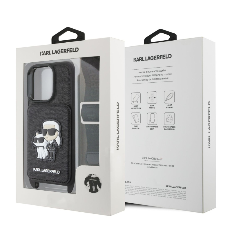 Karl Lagerfeld Saffiano válltáska pánttal, Karl és Choupette mintával, iPhone 16 Pro Max tok, fekete
