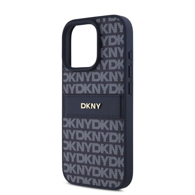 DKNY PU bőr ismétlődő mintás tonális csíkos hátlapi borító iPhone 16 Pro kékhez