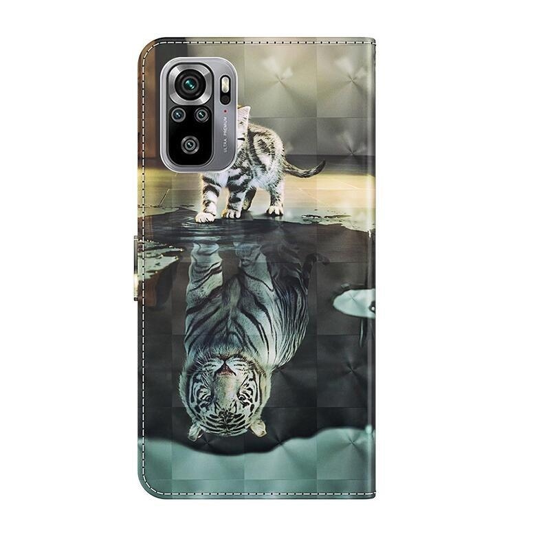 Nyomtatott pénztárca tok Xiaomi Redmi Note 10 4G/Redmi Note 10S/Poco M5s - macska és tigris tükröződéssel