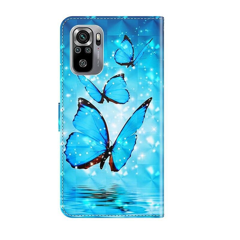 Nyomtatott pénztárca tok Xiaomi Redmi Note 10 4G/Redmi Note 10S/Poco M5s - kék pillangókhoz