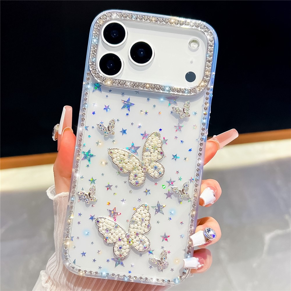 Shiny csillogó, merev hátlapos gél tok az iPhone 18 Pro/17 Pro-hoz – csillagok/átlátszó