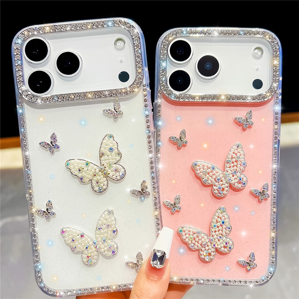 Shiny csillogó, merev hátlapos gél tok az iPhone 18 Pro/17 Pro-hoz – pillangó/fehér