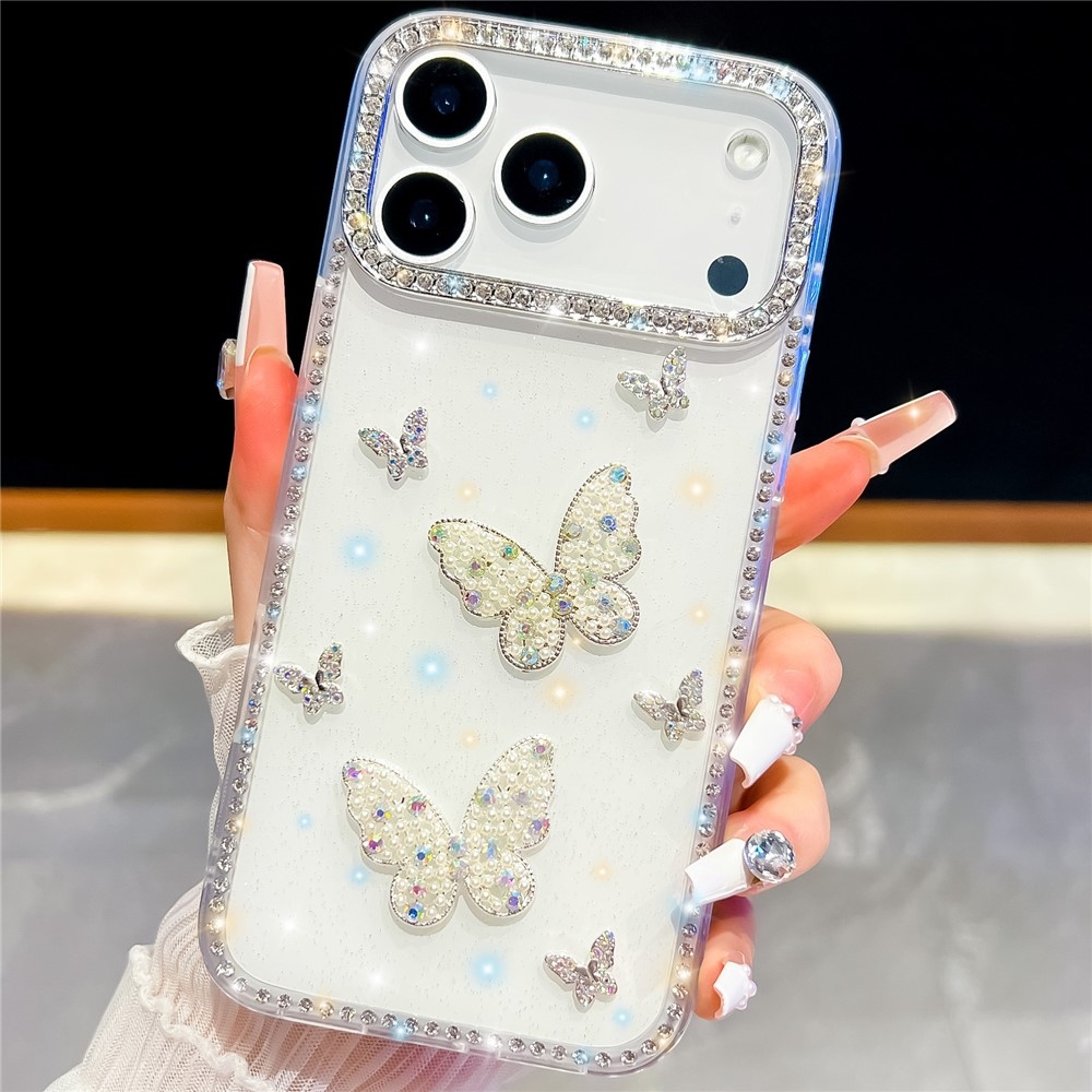 Shiny csillogó, merev hátlapos gél tok az iPhone 18 Pro/17 Pro-hoz – pillangó/fehér