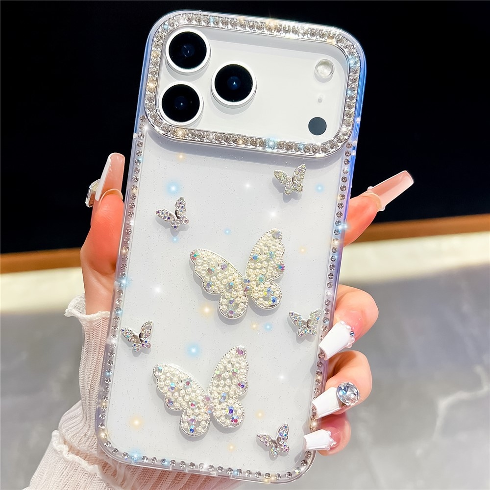 Shiny csillogó, merev hátlapos gél tok az iPhone 18 Pro/17 Pro-hoz – pillangó/átlátszó