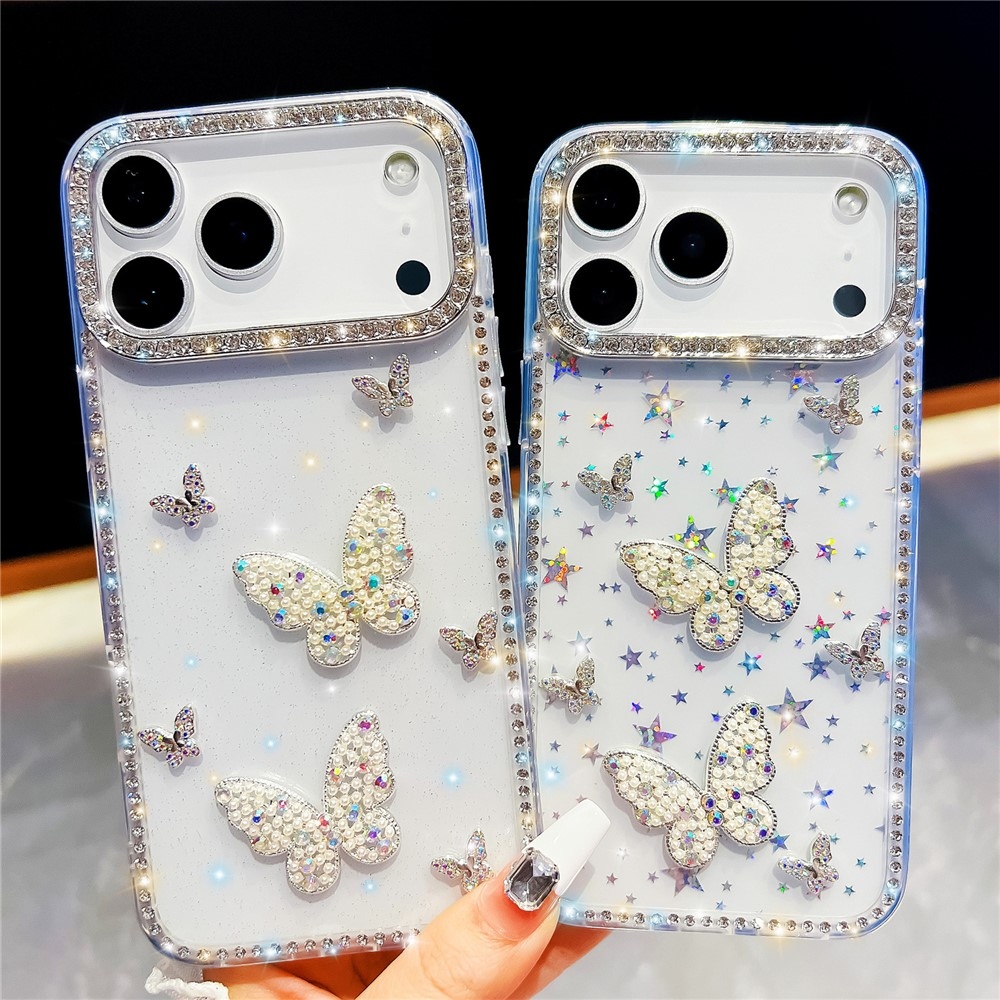 Shiny csillogó, merev hátlapos gél tok az iPhone 18 Pro/17 Pro-hoz – pillangó/átlátszó