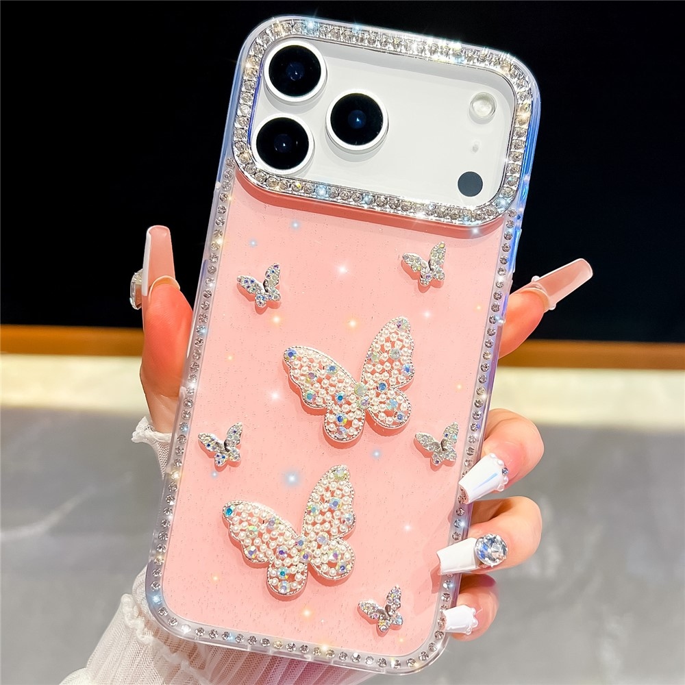 Shiny csillogó, merev hátlapos gél tok az iPhone 18 Pro/17 Pro-hoz – pillangó/rózsaszín