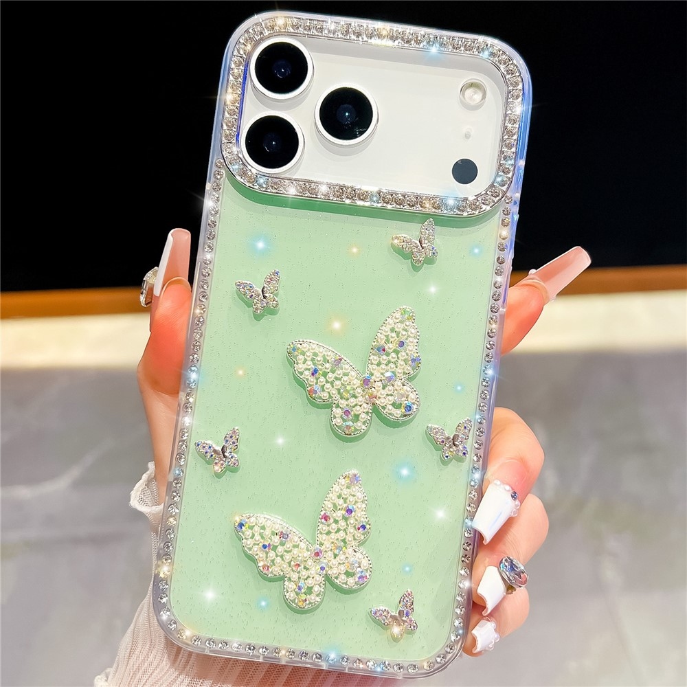 Shiny csillogó, merev hátlapos gél tok iPhone 18 Pro/17 Pro-hoz – pillangó/zöld