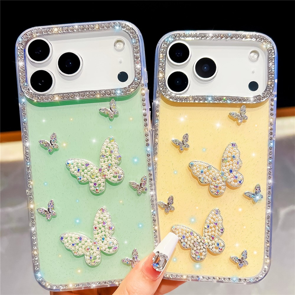Shiny csillogó, merev hátlapos gél tok iPhone 18 Pro/17 Pro-hoz – pillangó/sárga