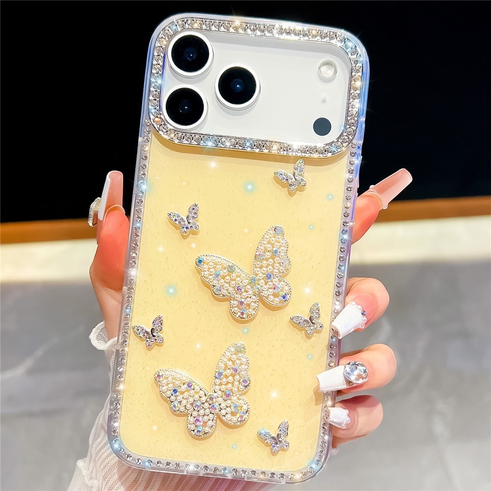 Shiny csillogó, merev hátlapos gél tok iPhone 18 Pro/17 Pro-hoz – pillangó/sárga