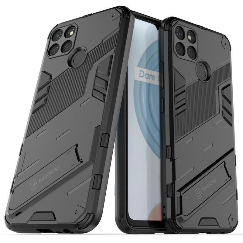 Ütésálló hibrid borítás csuklós állvánnyal a Realme C21Y/C25Y készülékhez - fekete színű